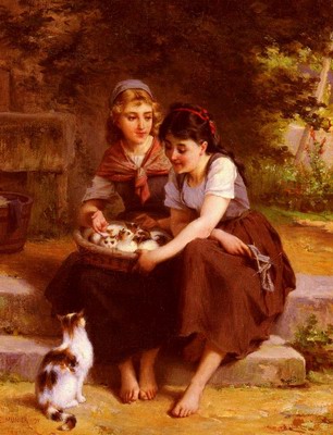 Deux Filles Avec Un Panier De Chatons, Two Girls With A Basket Of Kittens