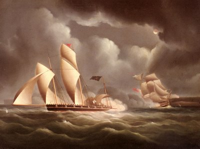 A British Frigate attacking A Pirate Lugger At Night