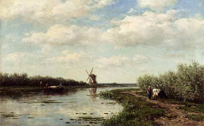 Figures On A Country Road Along A Waterway, A Windmill In The Distance