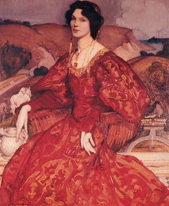 Sybil Walker in Red and Gold Dress, 1905