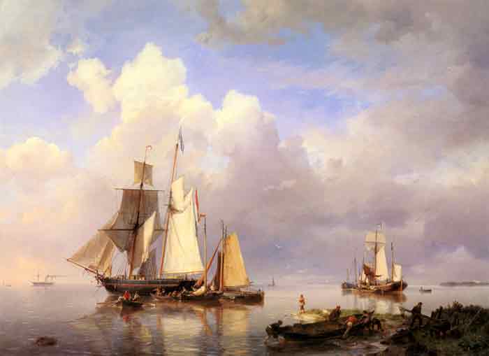 Vessels at Anchor in an Estuary with Fisherman hauling up their rowing boat in the Foreground, 1857