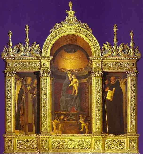 Frari Triptych, general view. Madonna and Child with Two Musical Angels Between SS. Nicholas, Peter,