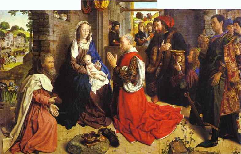 Oil painting:Adoration of the Magi. (central panel of the Monforte Altar; from the Monforte de Lemos