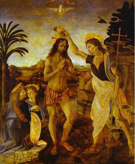 Oil painting:Andrea del Verrocchio and Leonardo da Vinci. The Baptism of Christ. c.1472-1475