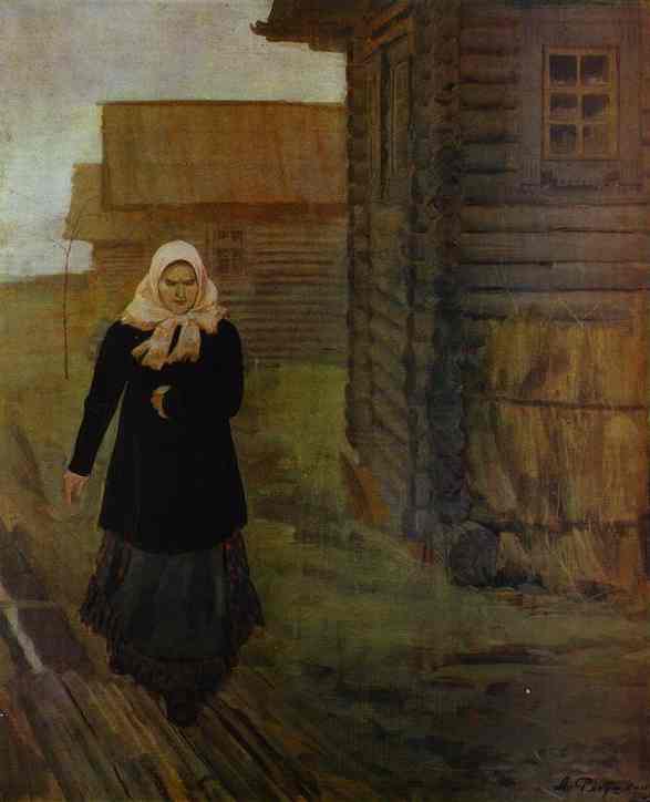 Oil painting:In a Village. Going to Liturgy. 1903