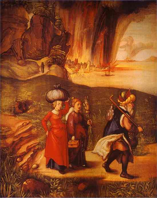 Oil painting:Lot Fleeing with His Daughters from Sodom. c.1498