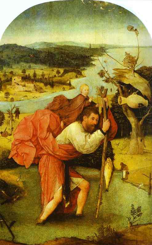 Oil painting:St. Christopher Carrying the Christ Child. 1480-1490