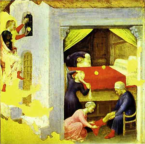 Oil painting:St. Nicholas and the Three Gold Balls. From the predella of the Quaratesi triptych from