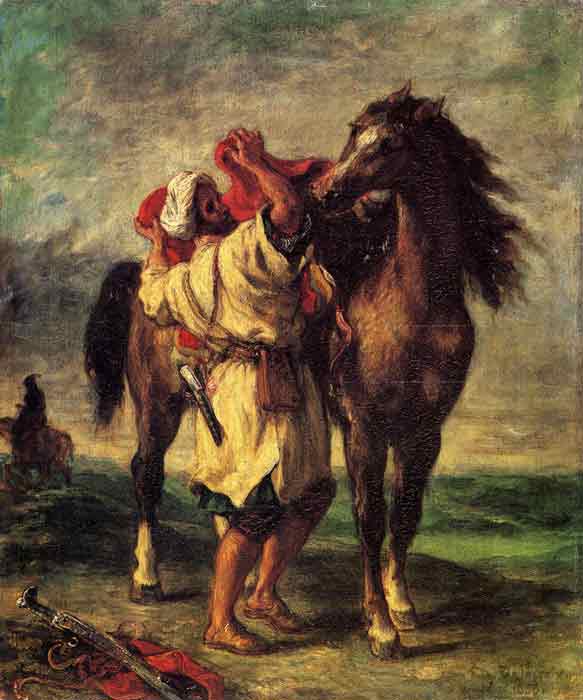 Oil painting for sale:A Moroccan Saddling A Horse, 1855