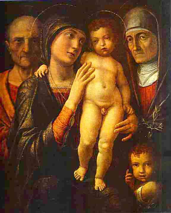 Oil painting:Holy Family with St. Elizabeth and St. John the Baptist as a Child. c. 1495-1500