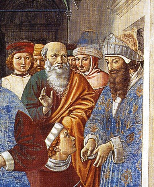 Oil painting:Arrival of St. Augustine in Milan. Detail. 1464