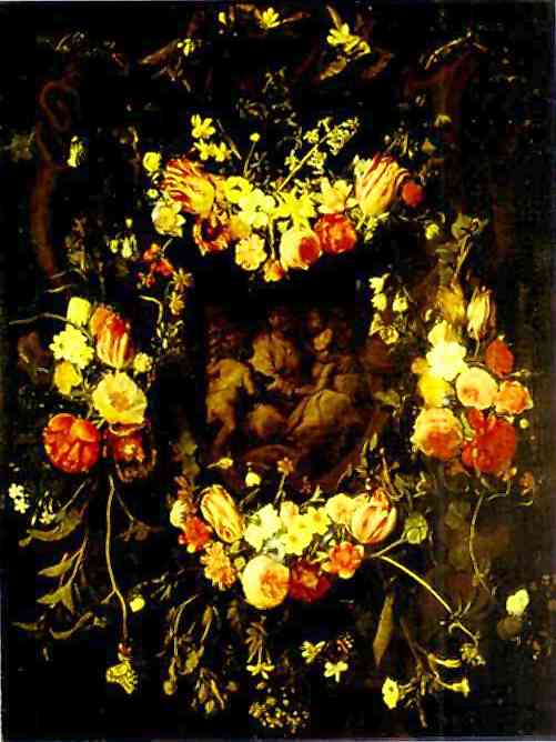 Oil painting:Floral Wreath Surrounding Relief after Quellinus.