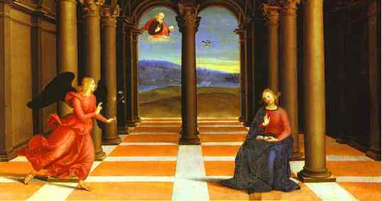 Oil painting:The Annunciation (from the predella of the Coronation of the Virgin). c. 1503-1504