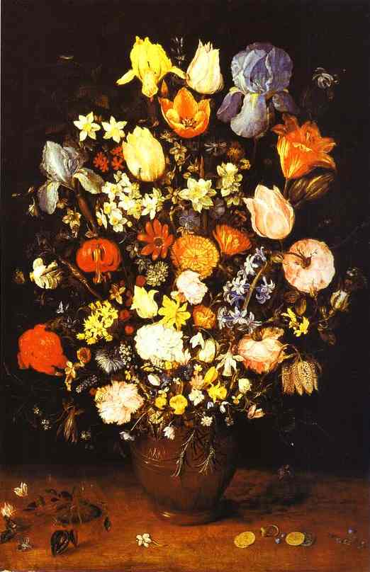 Oil painting:Vase of Flowers with Irises. Oil on panel. Palazzo Pitti, Galleria Palatina, Florence,