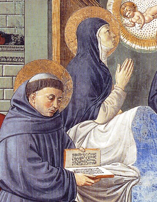 Oil painting:Death of St. Monica. Detail. 1464