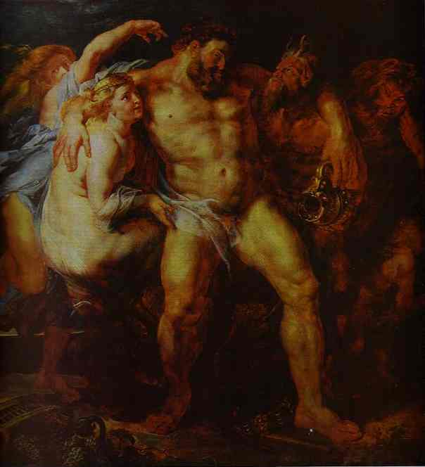 Oil painting:Hercules Drunk, Being Led Away By a Nymph and a Satyr. c.1611