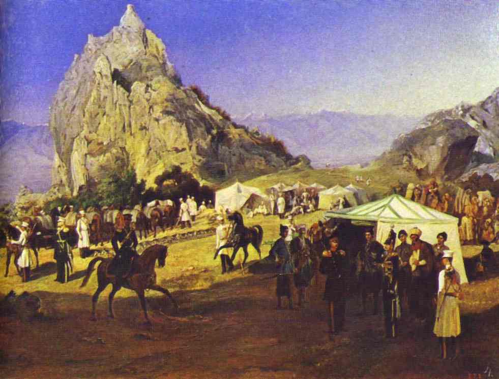 Oil painting:Kakhetia. Karaagach. The Headquaters of Nizhegorodsky Dragoon Regiment. 1841