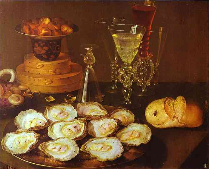 Oil painting:Oysters and Glasses. Oil on panel.