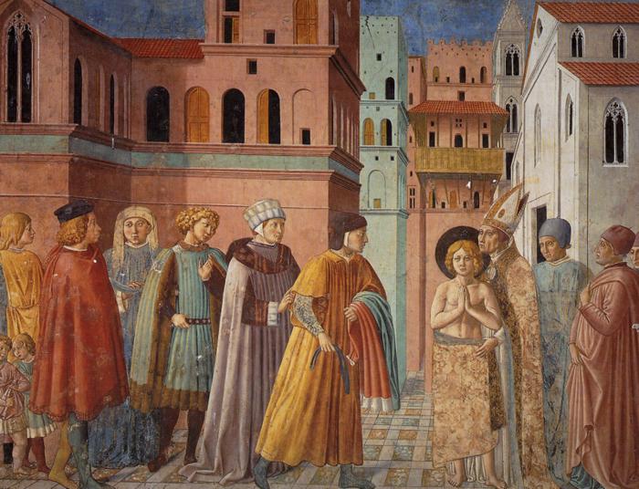 Oil painting:Renunciation of Worldly Goods and The Bishop of Assisi Dresses St. Francis. 1452