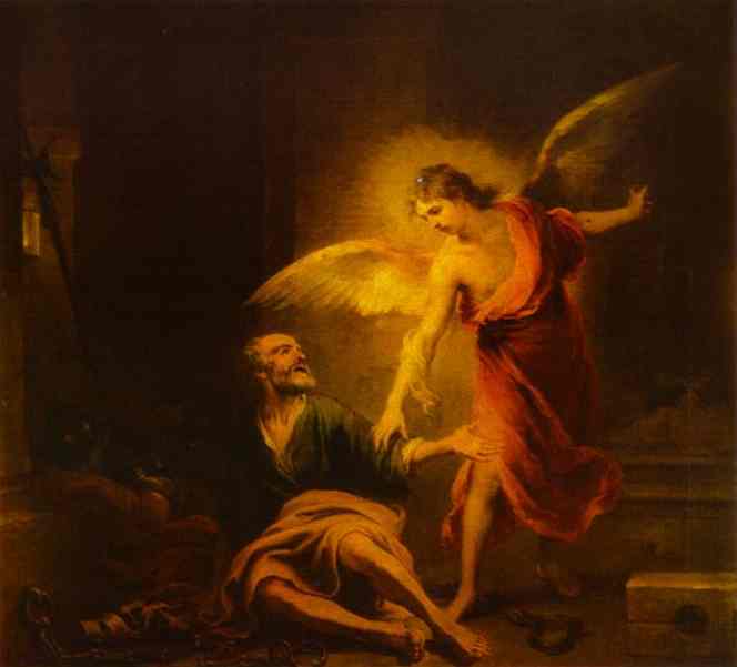 Oil painting:Angel Rescues St. Peter from Prison. c. 1667