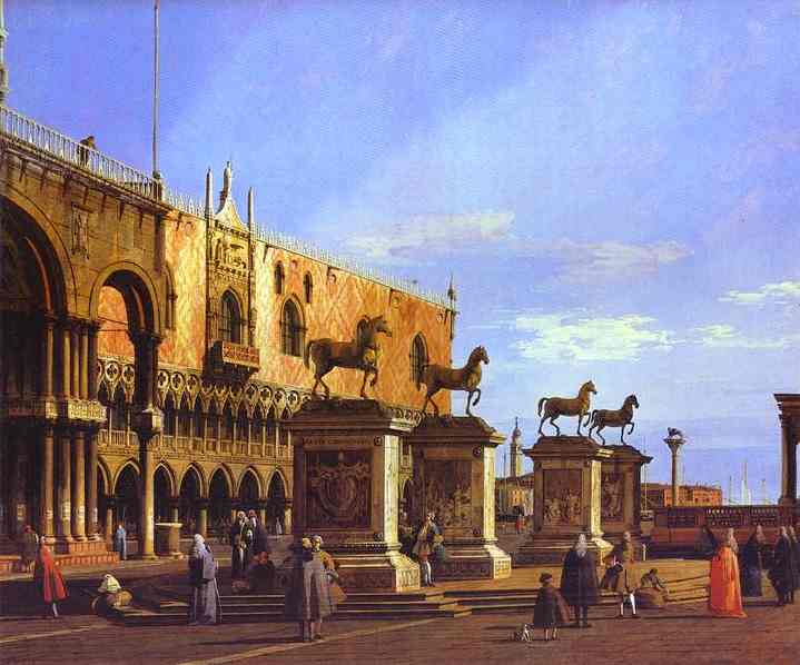 Oil painting:Capriccio: the Horses of San Marco in the Piazzetta. 1743