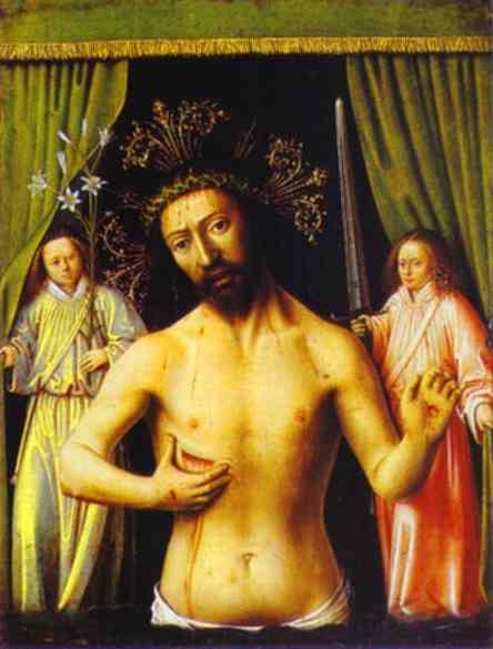 Oil painting:Chtist as the Man of Sorrows. c. 1450