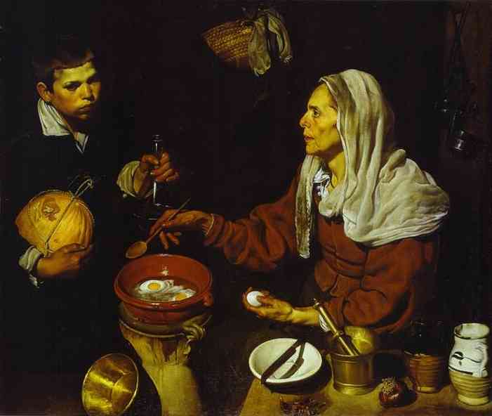 Oil painting:Old Woman Frying Eggs. 1618