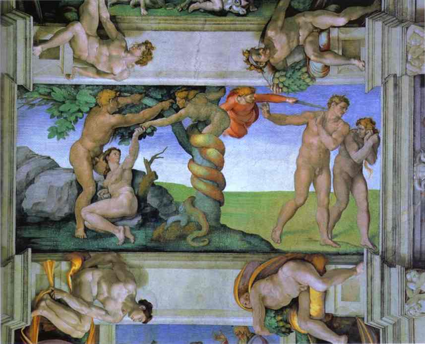 Oil painting:The Fall of Man and the Expulsion from the Garden of Eden. 1508-1512
