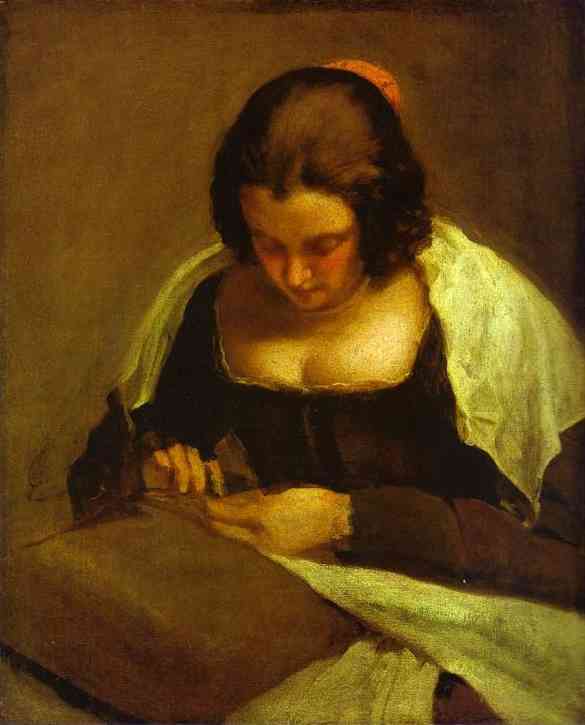 Oil painting:The Needlewoman. c. 1640
