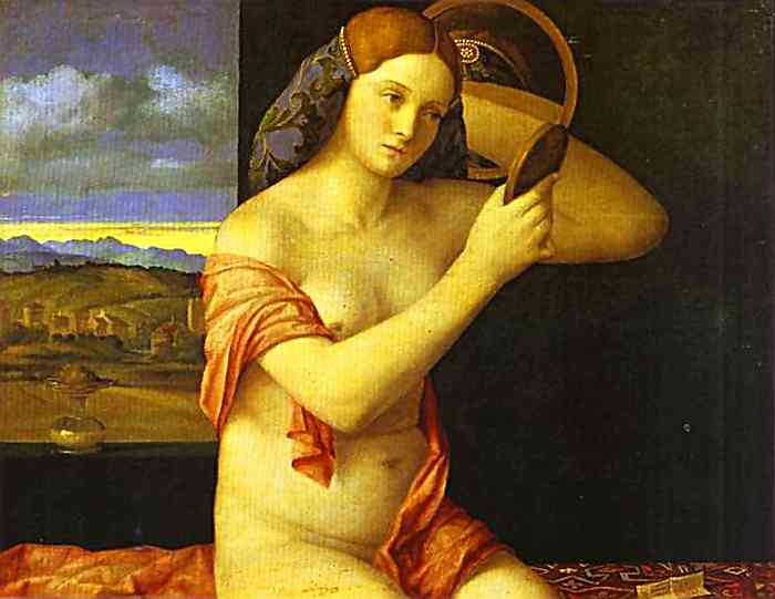 Oil painting:Young Woman Holding a Mirror. 1515