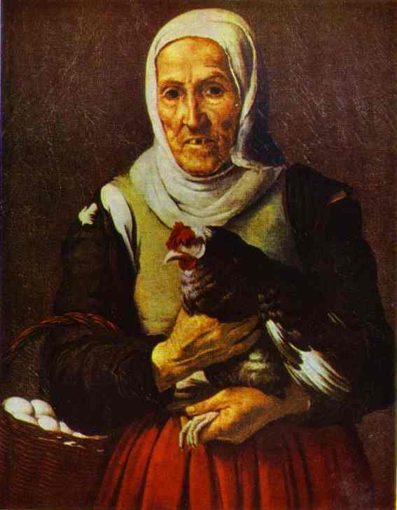 Oil painting:Old Woman with a Hen. Oil on canvas. Alte Pinakothek, Munich, Germany.
