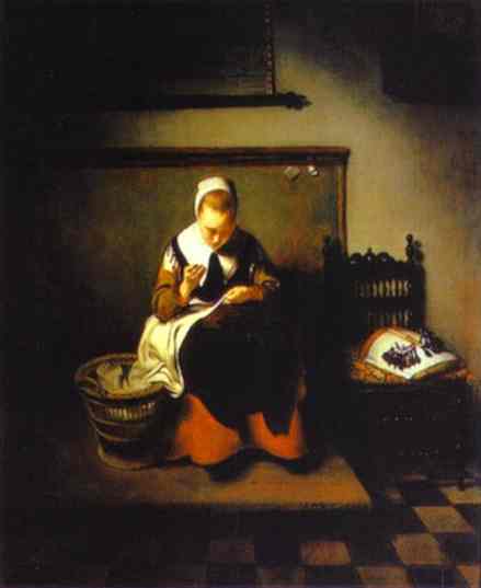 Oil painting:A Young Woman Sewing. 1655
