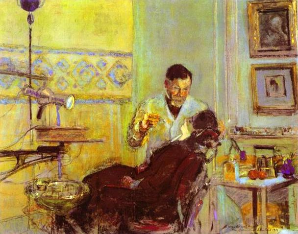 Oil painting:Dr. Georges Viau in His Office Treating Annette Roussel. 1914