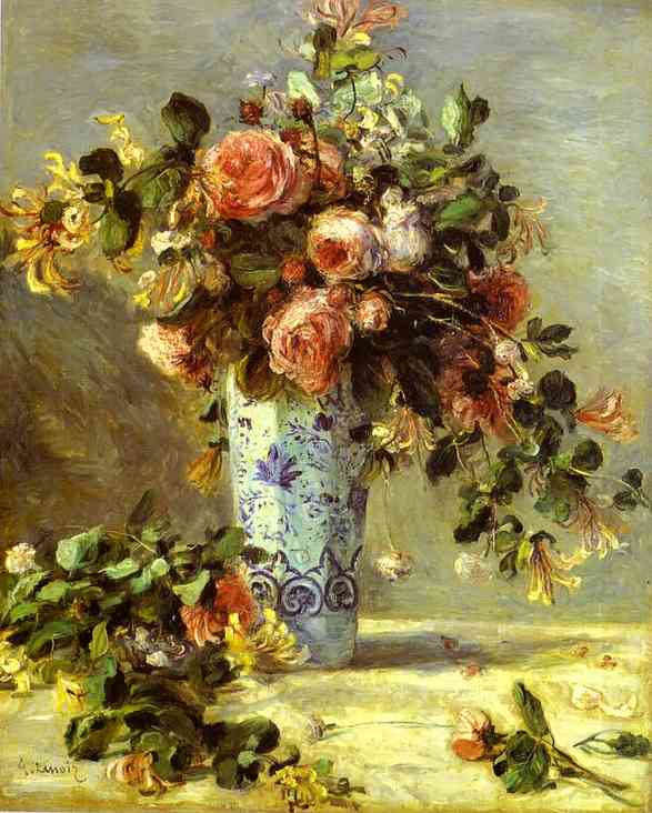 Oil painting:Roses and Jasmin in a Delft Vase. (Les roses et jasmin dans le vase de Delft). c. 1880
