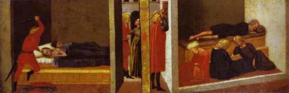 Oil painting:St. Julian Slaying His Parents. St. Nicholas Saving Three Sisters From Prostitution.