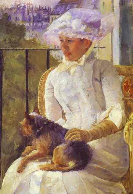 Oil painting:Susan on a Balcony Holding a Dog. c. 1882