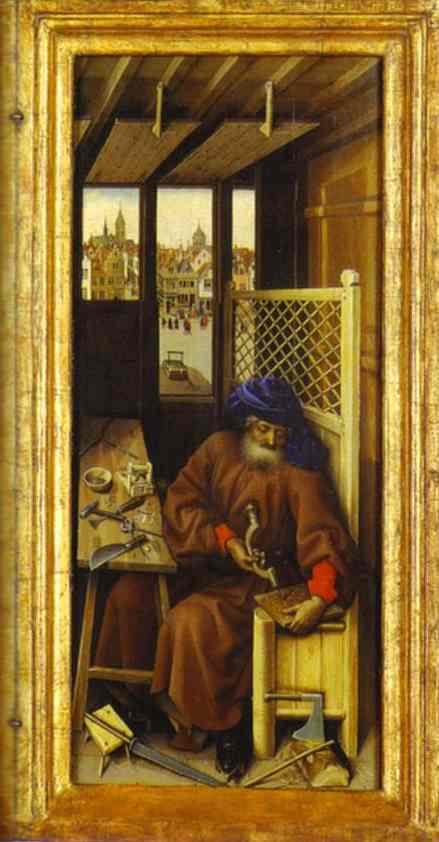 Oil painting:The Annunciation. (The Merode Altarpiece). The right panel of the triptych. c. 1425