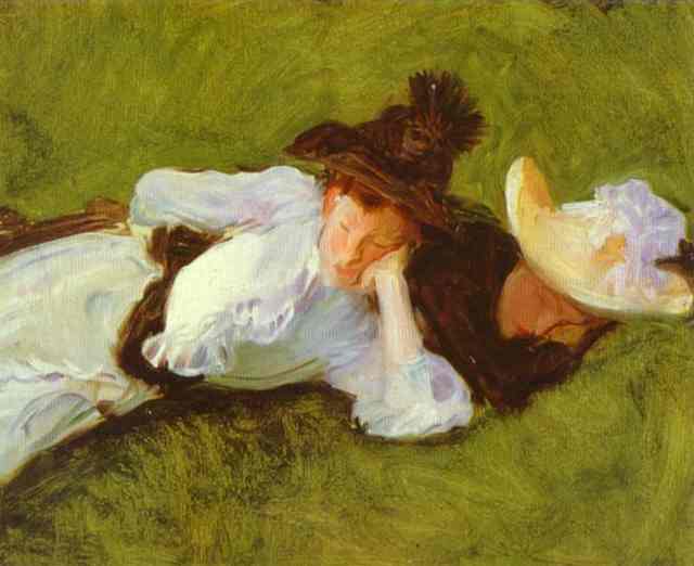 Oil painting:Two Girls on a Lawn. c. 1889