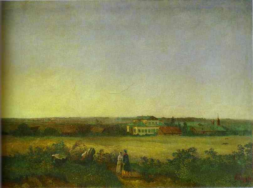 Oil painting:View in the Vicinity of Moscow with a Mansion and Two Female Figures. 1850