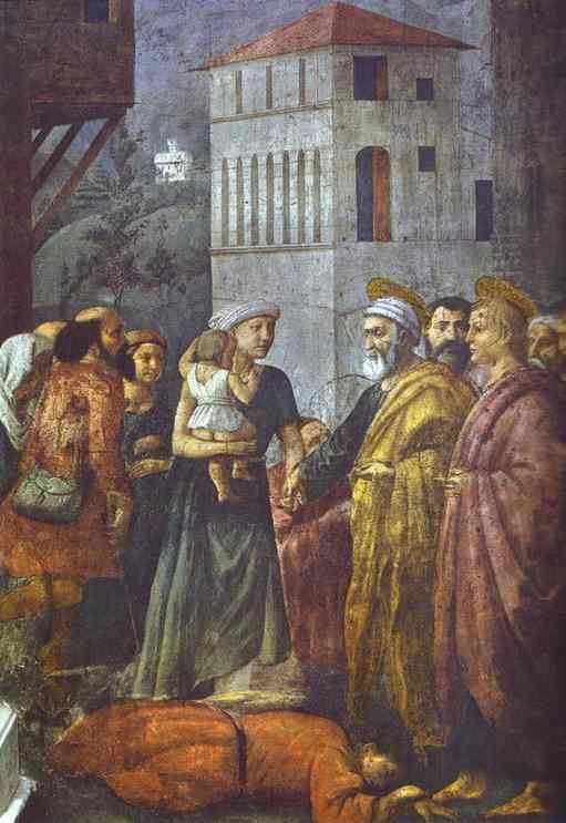 Oil painting:Distribution of the Goods of the Community and the Death of Ananias. 1425