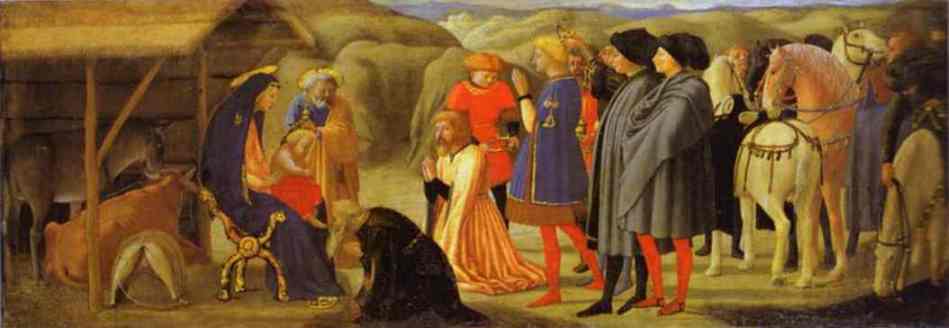 Oil painting:The Adoration of the Magi. Predella from the Pisa Altar. 1426