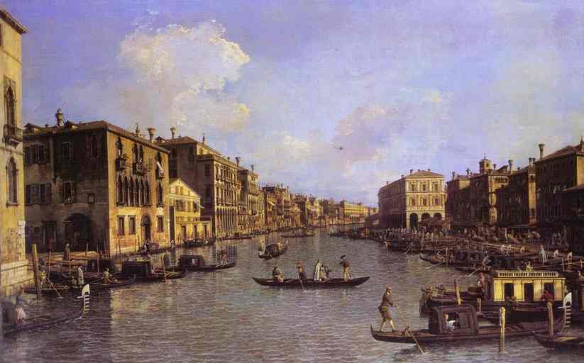 Oil painting:Grand Canal: Looking South-East from the Campo Santo Sophia to the Rialto Bridge. c.