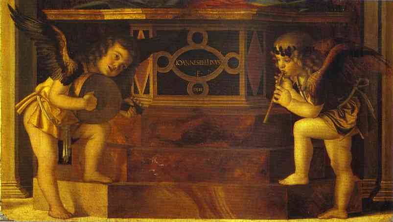 Oil painting:Frari Triptych. Musical Angels. Detail. 1488