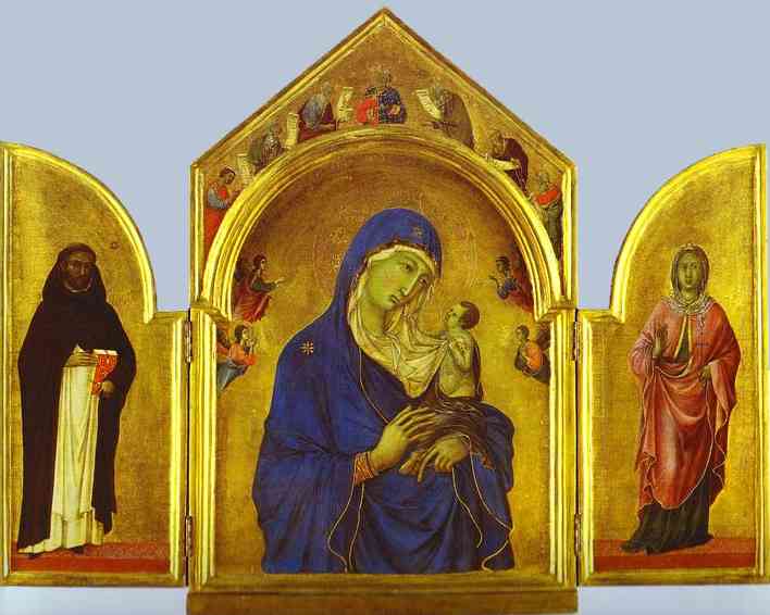 Oil painting:Triptych (The Holy Virgin and the Christ Child with St. Dominic and St. Aurea). c. 1300