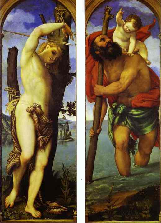 Oil painting:Wings of a triptych: St. Sebastian (left); St. Christopher (right). 1531
