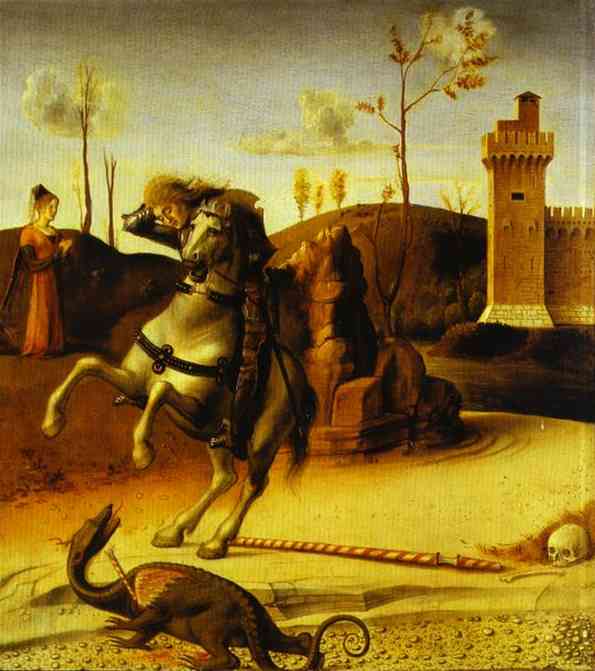 Oil painting:Pesaro Altarpiece. Predella: St. George Fights the Dragon. c. 1471