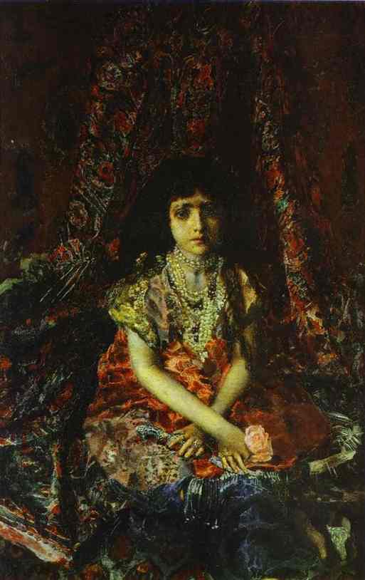 Oil painting:Portrait of a Girl against a Persian Carpet. 1886