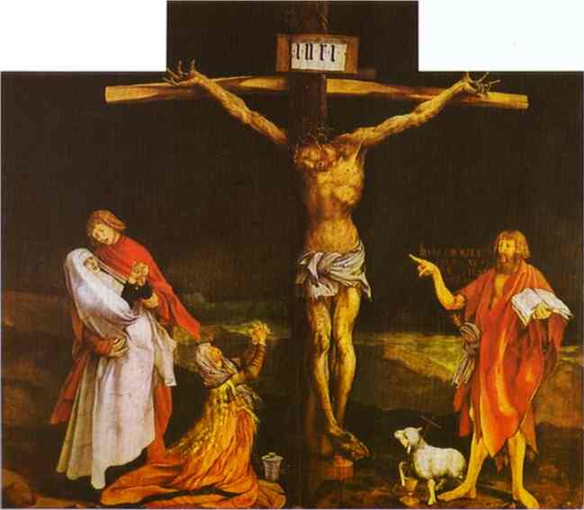 Oil painting:Crucifixion (central section of the Isenheim Altar with closed wings). 1510-1515