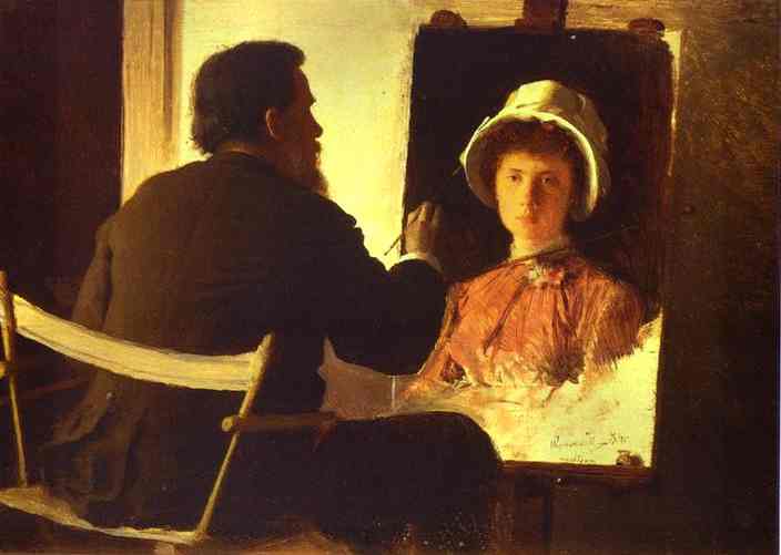 Oil painting:Ivan Kramskoy Working on Portrait of his Daughter. 1884