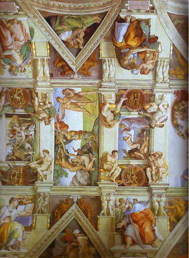 Oil painting:Partial view of the the frescoes in the Sisine Chapel. 1508-1512. Fresco. Sistine